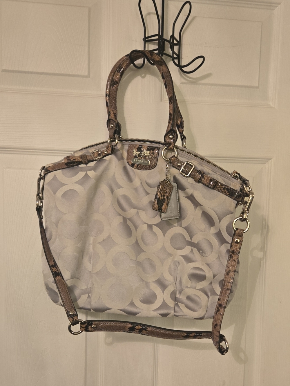 Coach Light Gray Signature Circle Tote with Snakeskin Trim